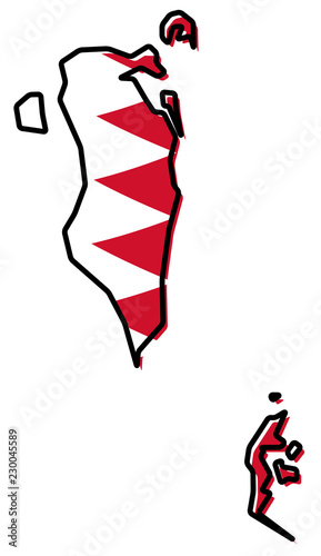 Simplified map of Bahrain outline, with slightly bent flag under it.