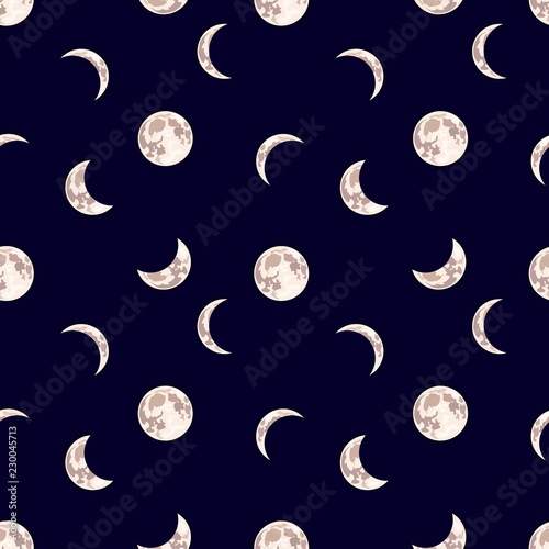 Vector Seamless Pattern: Moon, Night Sky Dark Background with Different Phase of Moon.