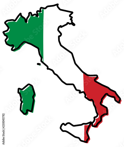 Simplified map of Italy outline, with slightly bent flag under it.