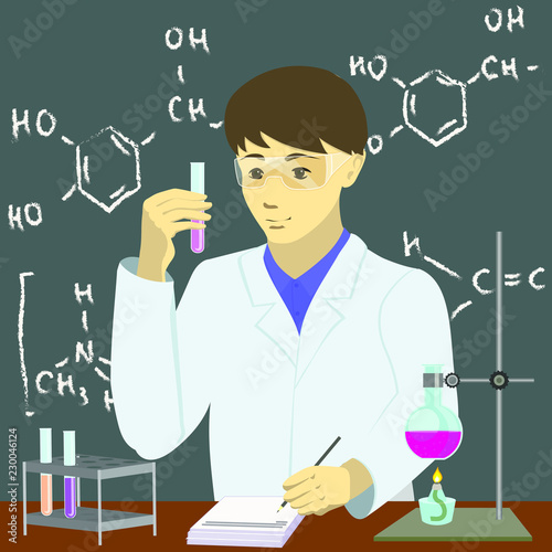 a young scientist chemist, a man conducting experiments with chemical reagents. Chemical laboratory, experiment, chemistry teacher, flasks, formulas, burners. vector illustration