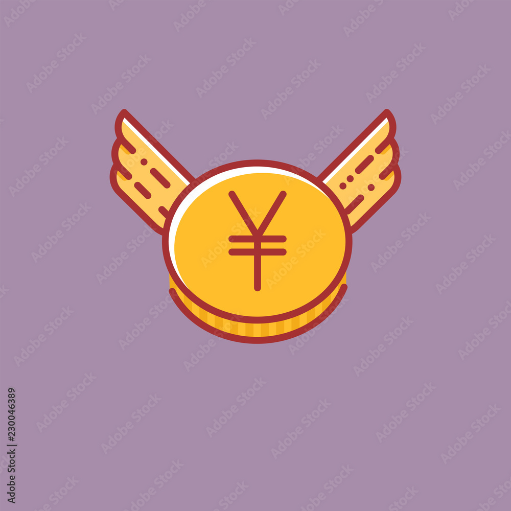 Yen coin with wings vector icon, flat line design style sign Yen coin with wings vector icon, flat line design style sign