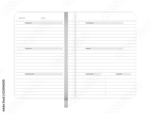 Open notebook diary planner with ribbon bookmark vector mock-up