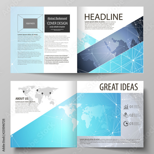 The vector illustration of the editable layout of two covers templates for square design bi fold brochure, magazine, flyer, booklet. Abstract global design. Chemistry pattern, molecule structure.