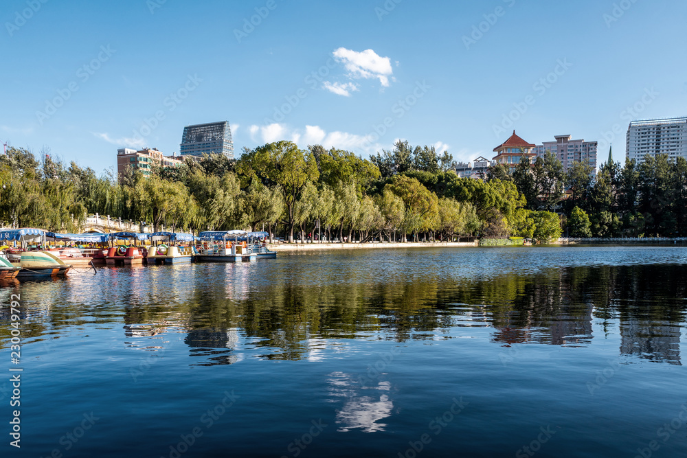 Blue lake in the public park