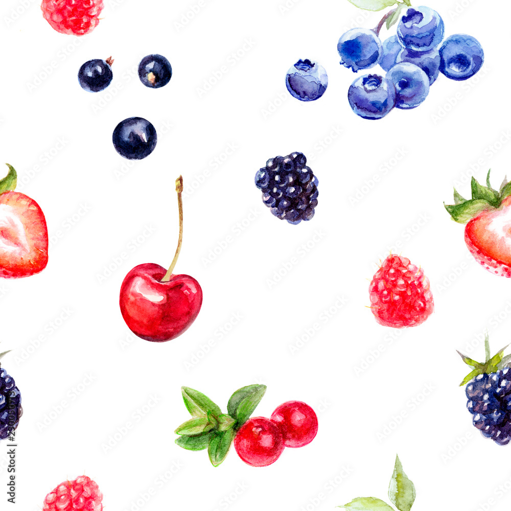 Garden berries seamless pattern watercolor illustration isolated on white. Garden berries seamless pattern watercolor illustration isolated on white.