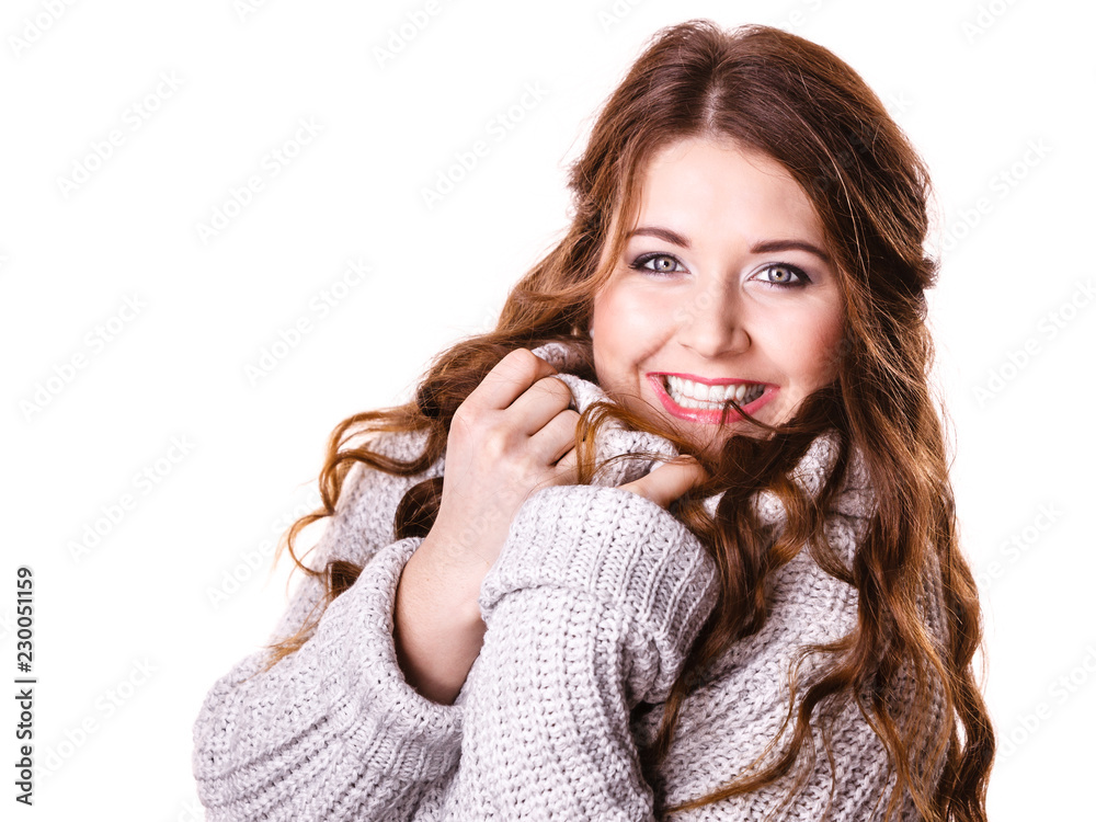 Woman showing her soft turtleneck Woman showing her soft turtleneck