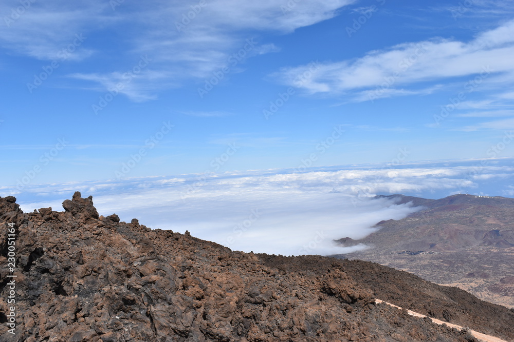 Beautiful scenery over the clouds from the big famous volcano Pico del Teide in Tenerife, Europe