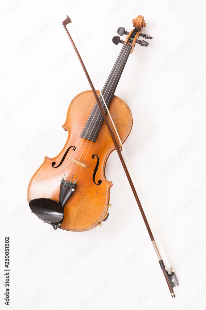 violin with bow or fiddle with fiddlestick on white violin with bow or fiddle with fiddlestick on white