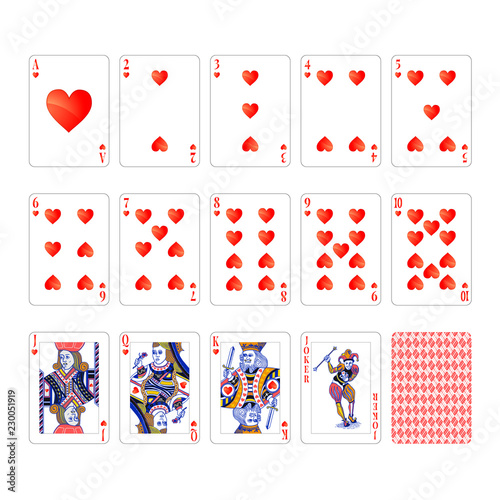 Full set of hearts suit playing cards with joker isolated on white
