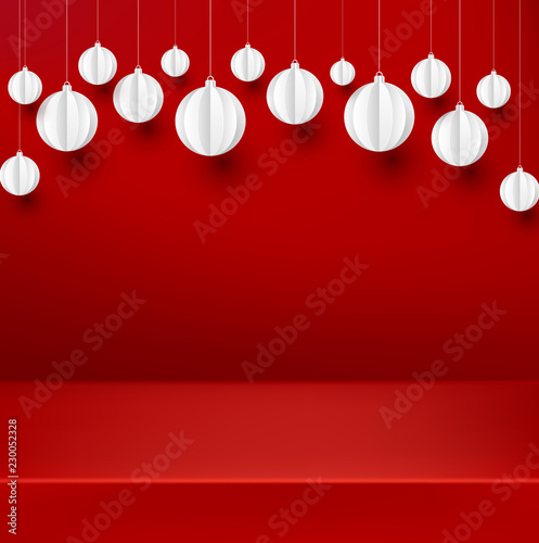 Red Christmas poster with white paper Christmas balls.