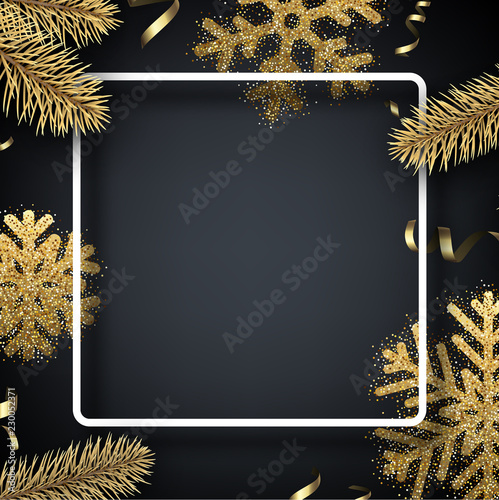 Christmas and New Year background with square frame and golden decorations.