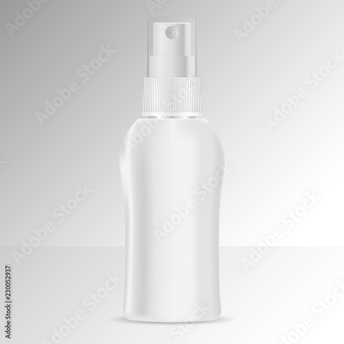 Spray bottle cosmetics mockup. Vector illustration. Blank template for your design. Dispenser spray lid package.