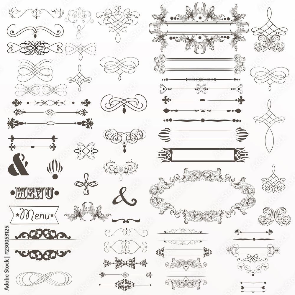 Big collection of vector decorative elements flourishes, swirls, frames in vintage style