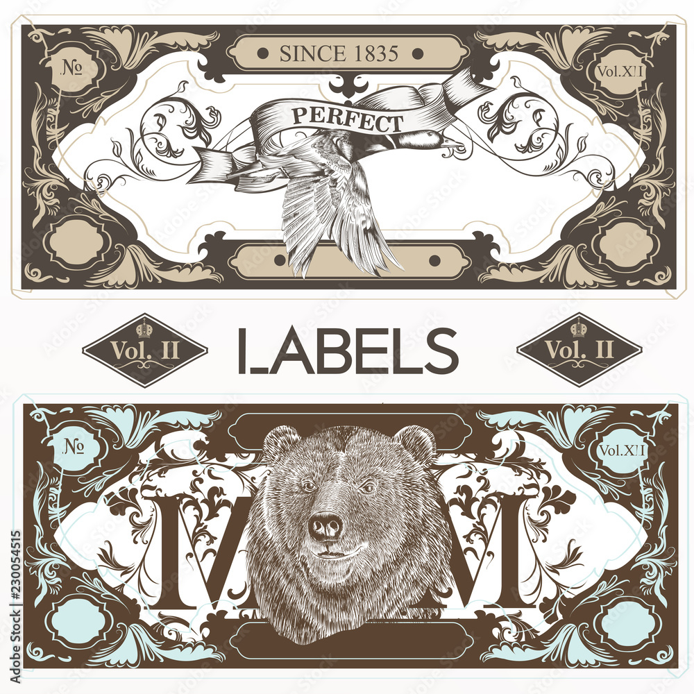 Collection of vector vintage hunting labels or tickets for design