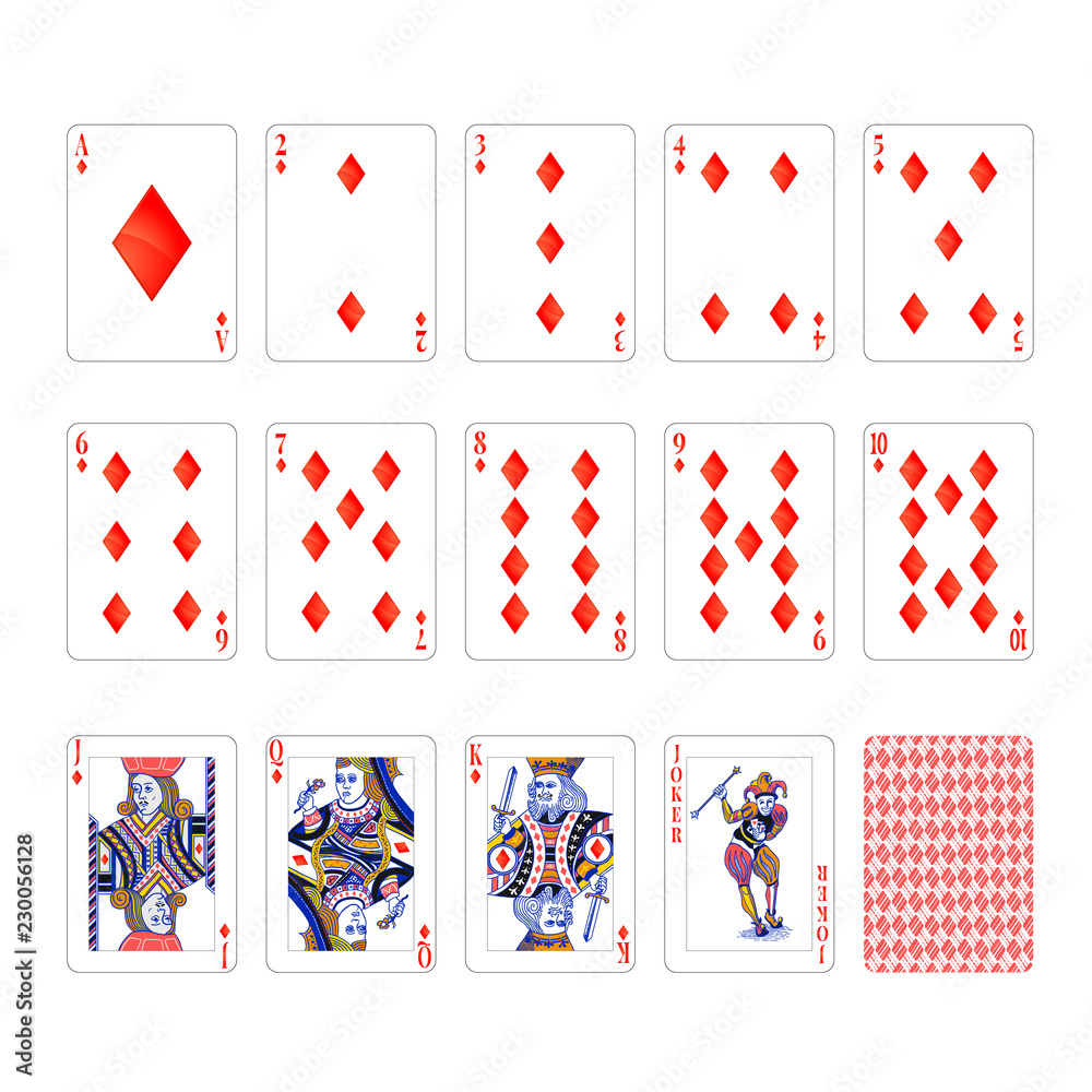 Full set of diamonds suit playing cards with joker isolated on white Full set of diamonds suit playing cards with joker isolated on white
