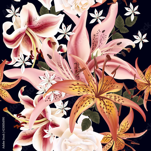 Floral pattern with lily in watercolor style vector illustration