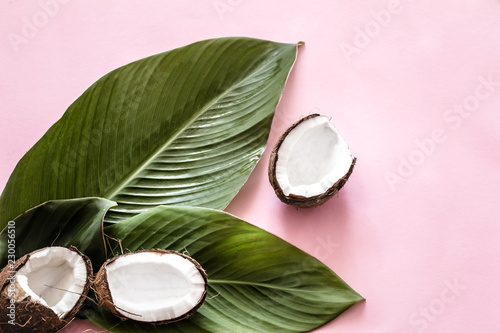 coconut halves and tropical leaves