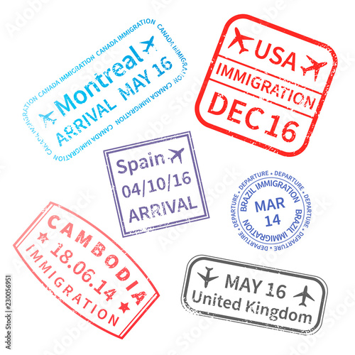 International travel visa stamps isolated on white. Passport rubber stamp imprints