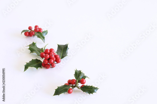 Christmas holly with red berries. Traditional festive decoration. Holly branch with red berries on white table background. Flat lay, top view.