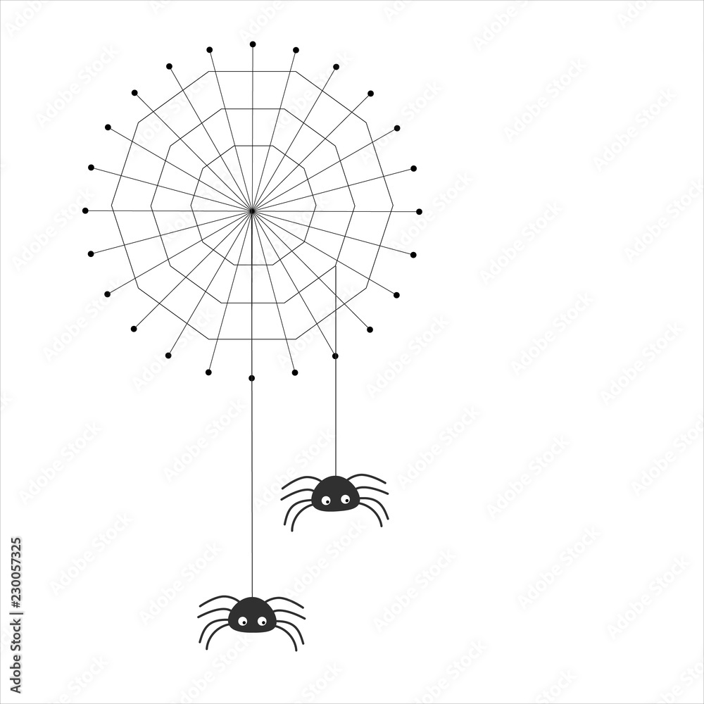 Simple vector of a spider web with two spiders hanging from threads.