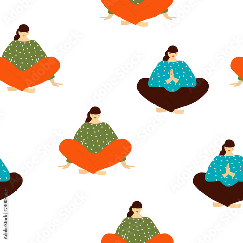 Women yoga seamless pattern. Vector hand drawn illustration.