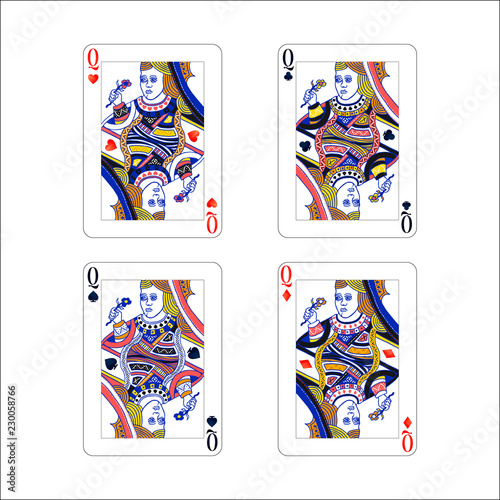 Set of queen playing card with different suits like diamonds, clubs, hearts and spades isolated on white