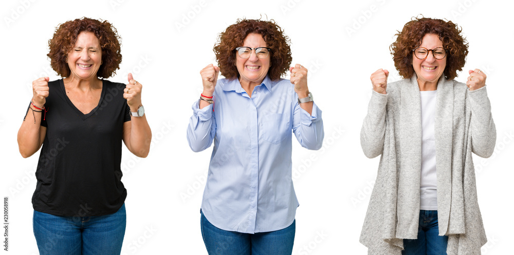 Obraz premium Collage of middle age senior woman over white isolated background excited for success with arms raised celebrating victory smiling. Winner concept.