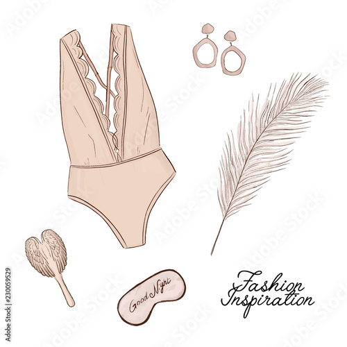 Vector fashion illustration. Lingery set, angels brush, feather and face mask - glamour sketch. Flatlay sexual hand drawn elements. Burlesque magazine accessories. 