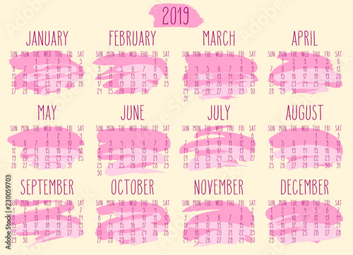 Year 2019 paint stroke monthly calendar