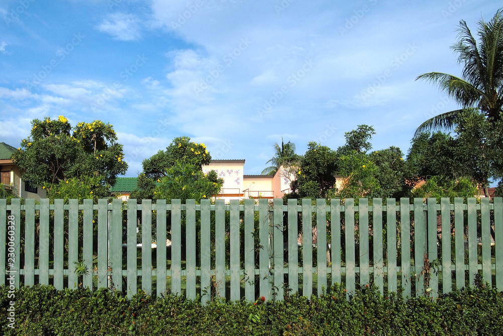 green wooden fence with blue sky
