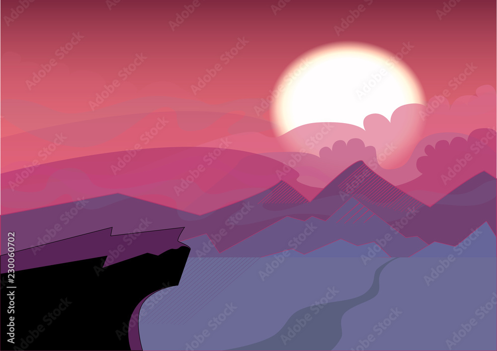 Simple Landscape with sunset. The sun sets over the horizon, the cliff in the foreground. 