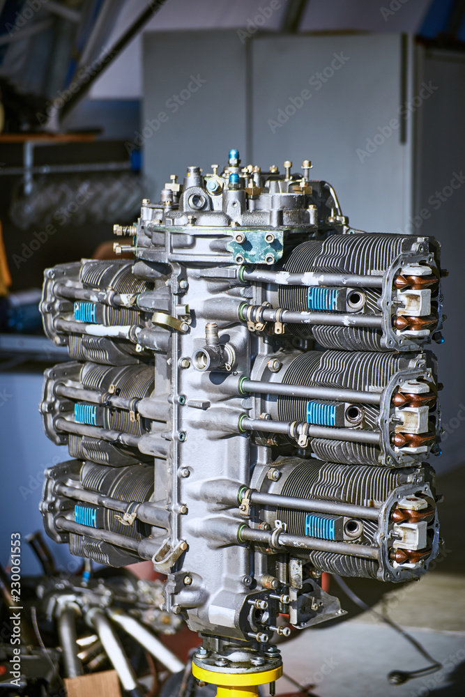 Aviation six-cylinder boxer engine air cooling shot for repair. Aviation six-cylinder boxer engine air cooling shot for repair.