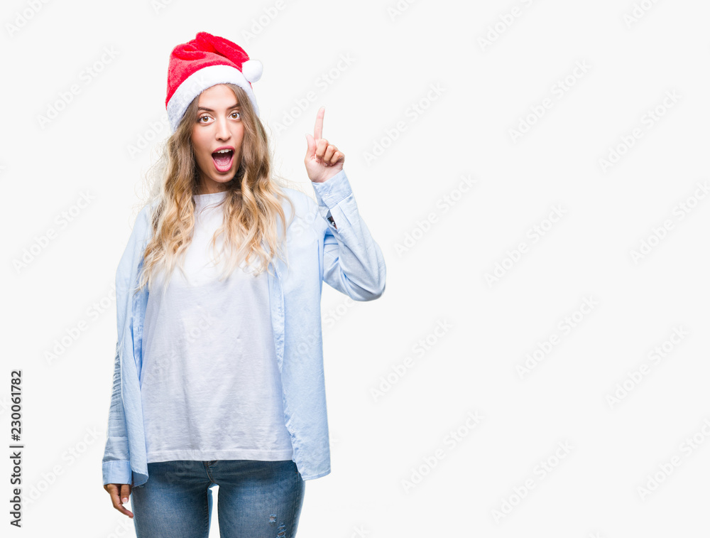 Beautiful young blonde woman wearing christmas hat over isolated background pointing finger up with successful idea. Exited and happy. Number one. Beautiful young blonde woman wearing christmas hat over isolated background pointing finger up with successful idea. Exited and happy. Number one.