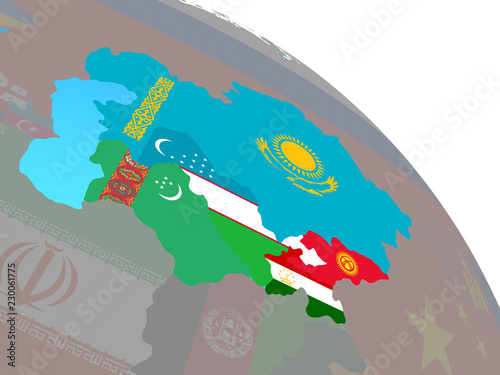 Fotografi Central Asia with national flags on simple blue political globe.