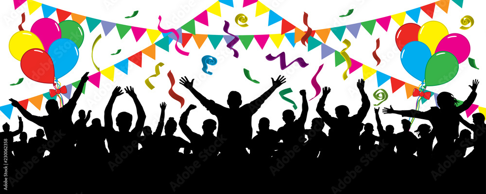 Cheerful people having fun celebrating. Crowd of fun people on party, holiday. Balloons, ribbons. Festive mood of people. Applause people hands up. Silhouette Vector Illustration