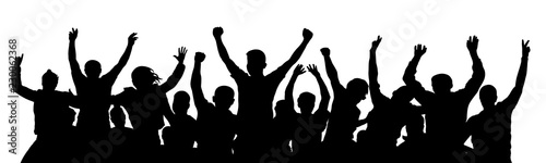 Crowd of fun people on party, holiday. Cheerful people having fun celebrating. Applause people hands up. Holiday victory. Silhouette Vector Illustration photo