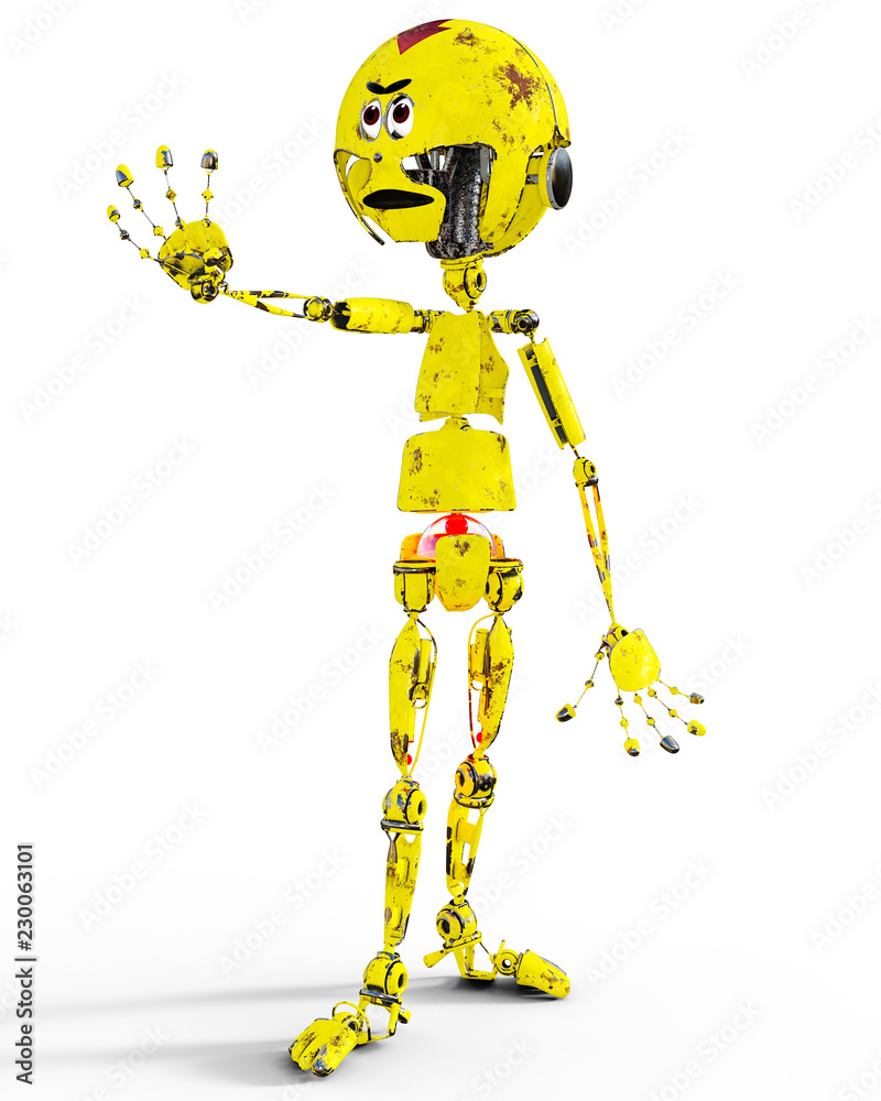 Old sad yellow metal mechanical robot llustration. Pointed and shabby toy droid. Conceptual 3d render art. isolated. Old sad yellow metal mechanical robot llustration. Pointed and shabby toy droid. Conceptual 3d render art. isolated.