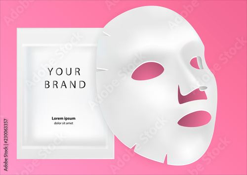 White sheet facial cosmetic mask isolated on background. 3d realistic Realistic vector illustration. Mockup for packaging design. Cosmetics beauty product for face treatment, anti-aging.