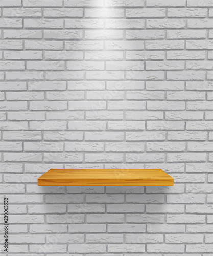 Vector empty wooden shelf isolated on gray brick wall background.