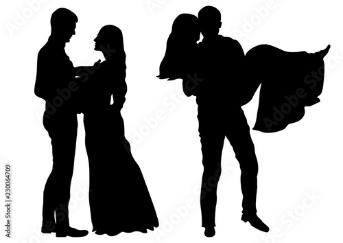 Man stands in front of woman and man holding woman. The newly married couple silhouette.