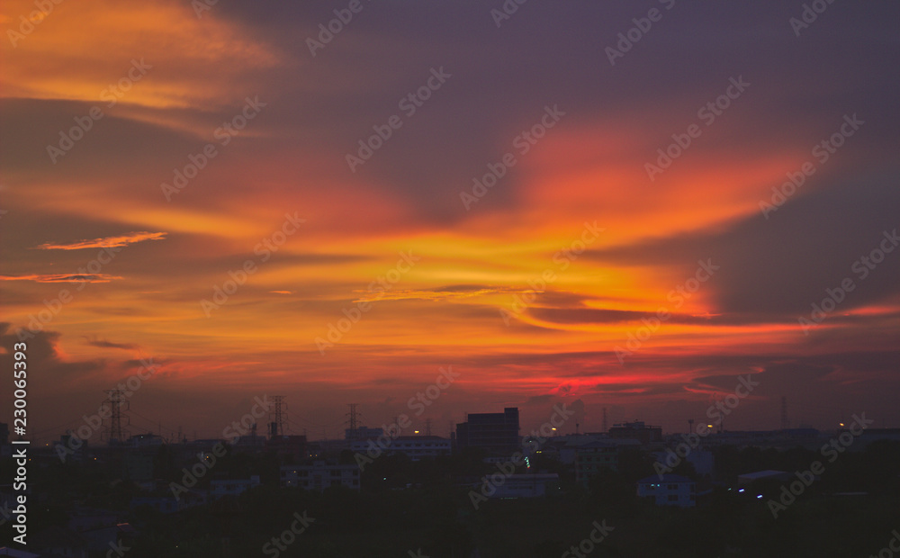 Sunset in the orange suburb of Bangkok