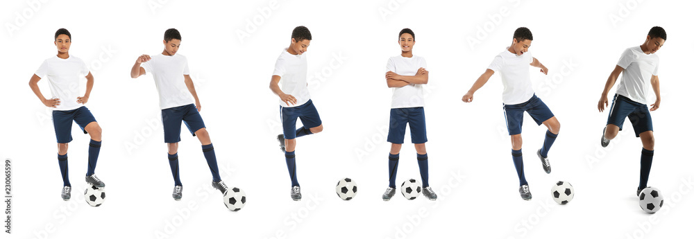 Set with teenage African-American boy playing football on white background