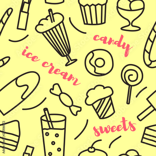 Seamless pattern with hand drawn sweets elements in doodle style with lettering. Vector illustration on yellow background.