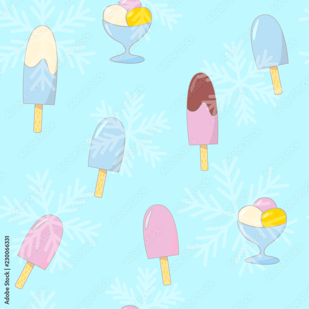 Seamless pattern with hand drawn ice-creams, cupcakes and donuts on frozen background. Vector illustration in cartoon style Seamless pattern with hand drawn ice-creams, cupcakes and donuts on frozen background. Vector illustration in cartoon style
