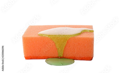 Sponge with cleaning substance for dish washing on white background