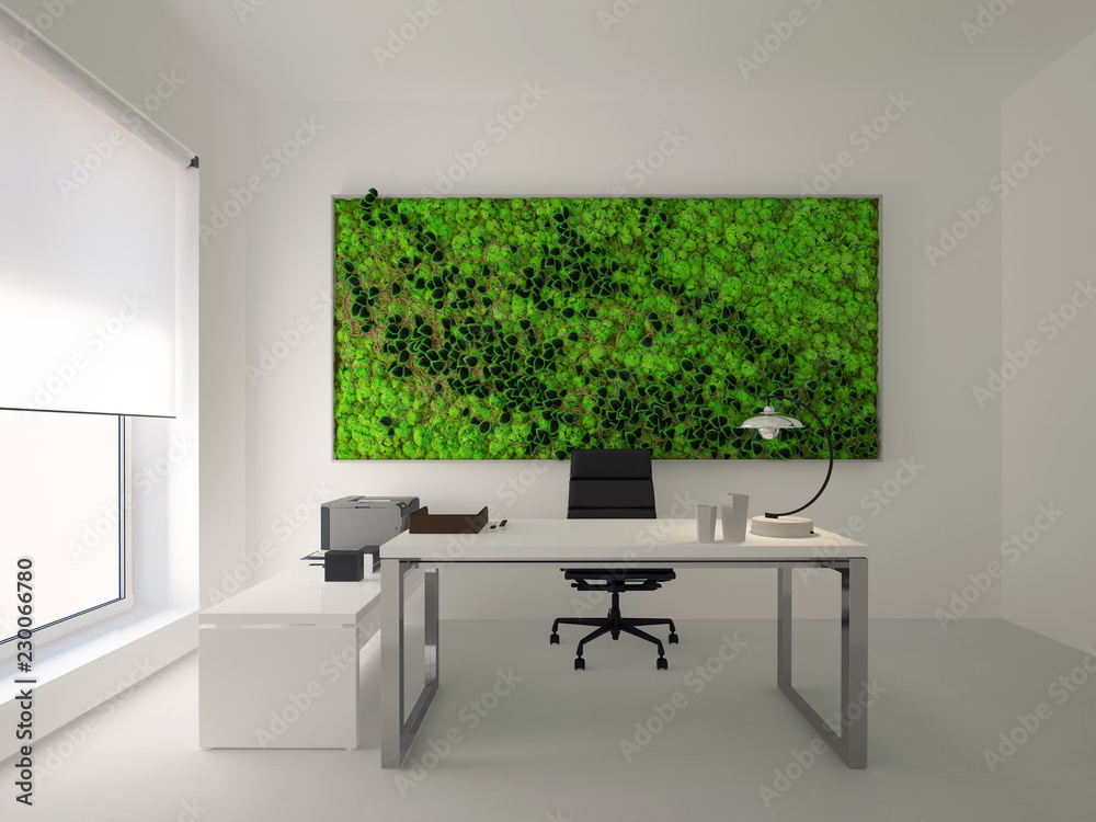 green wall in modern white office. 3d rendering Stock Illustration