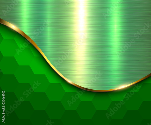 Green metallic background, hexagonal pattern with silver wave and metal texture