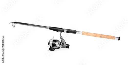 Fotobehang Modern fishing rod with reel on white background