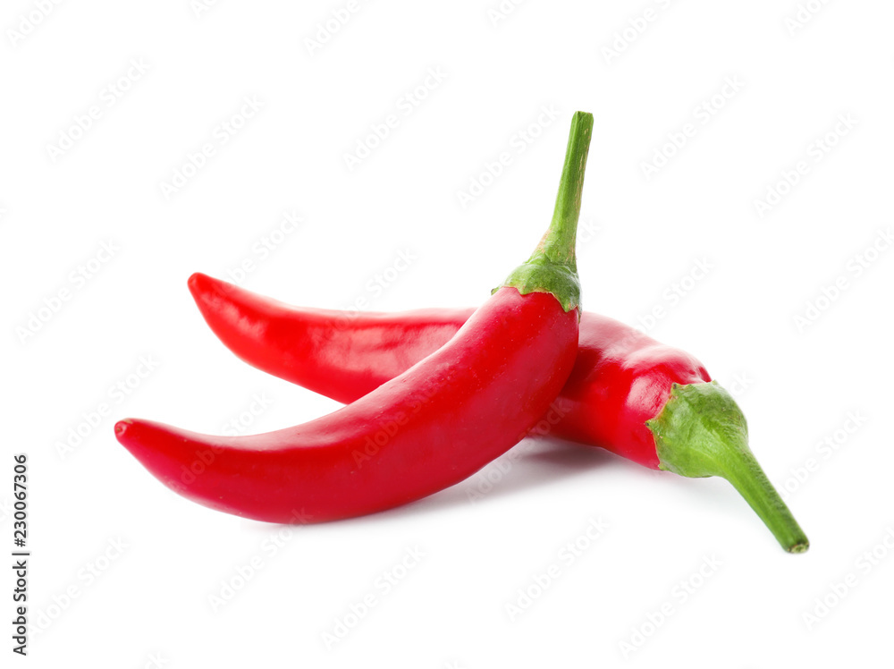 Red hot chili peppers on white background - obrazy, fototapety, plakaty 