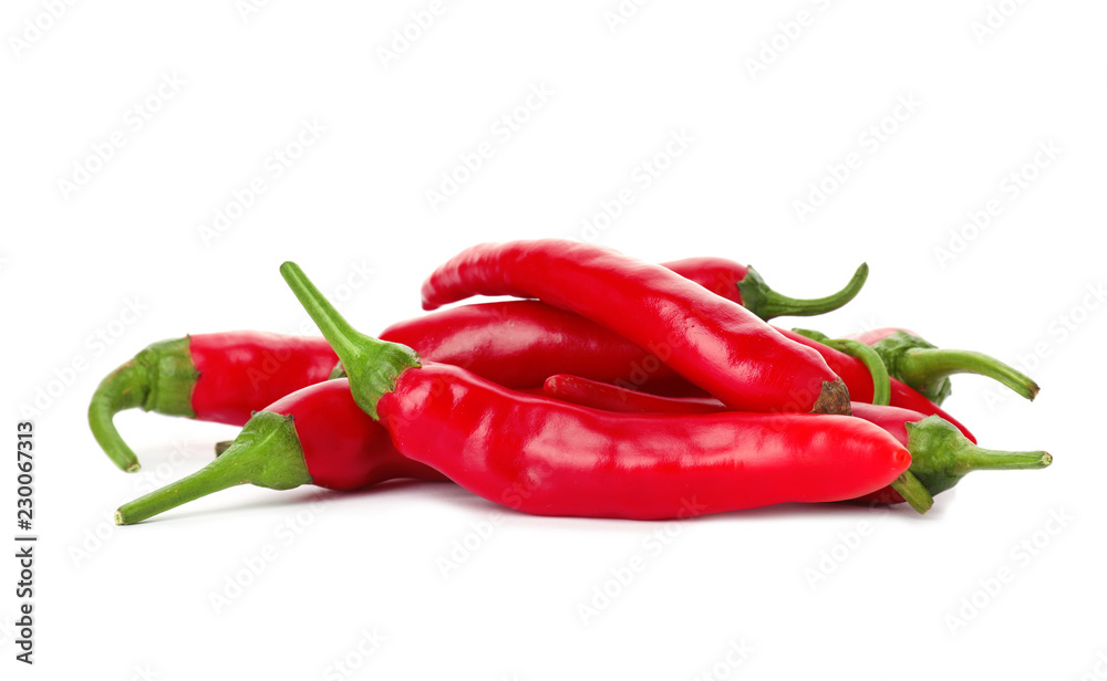 Heap of red chili peppers on white background
